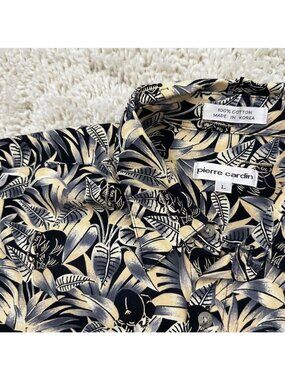 Vintage Pierre Cardin Shirt Mens Large L Black Beige Jungle Elephant Print 90s